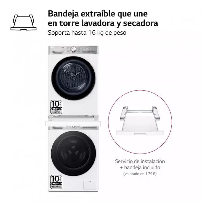 LG Torre de Lavado, Blanca, Lavadora inteligente 13kg, 1400rpm, Un 10% mas eficiente que A + Secadora 10kg, A+++\tT, TORRE1310KG.SET.EEES.C